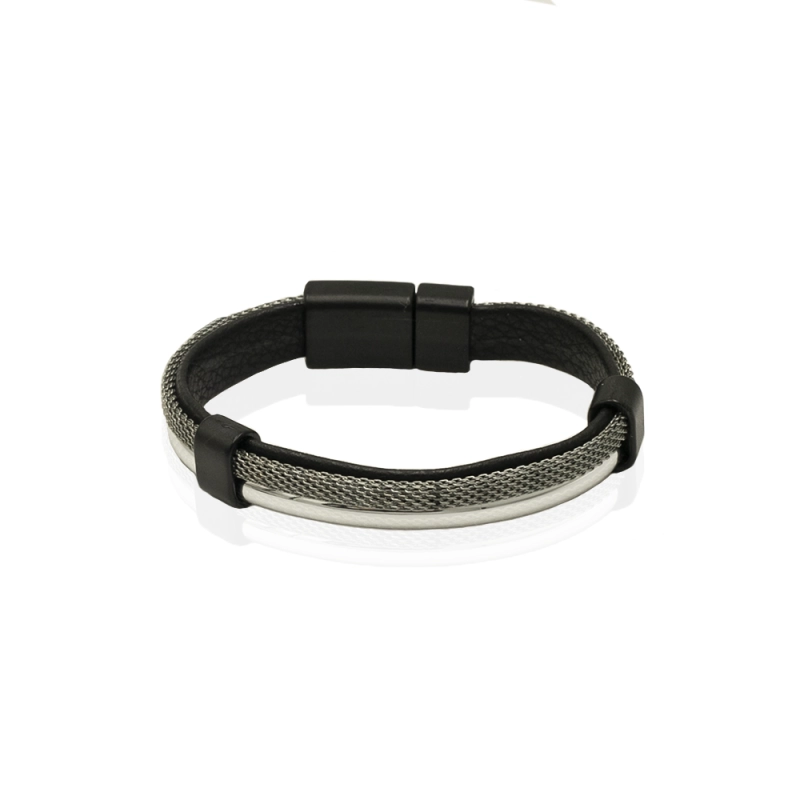 EM men's accessories bransoletka skórzana czarna z elementem metalowym.jpg