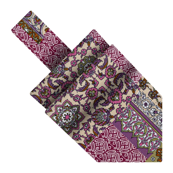 Fular bawełniany beżowy w fioletowe wzory patchwork