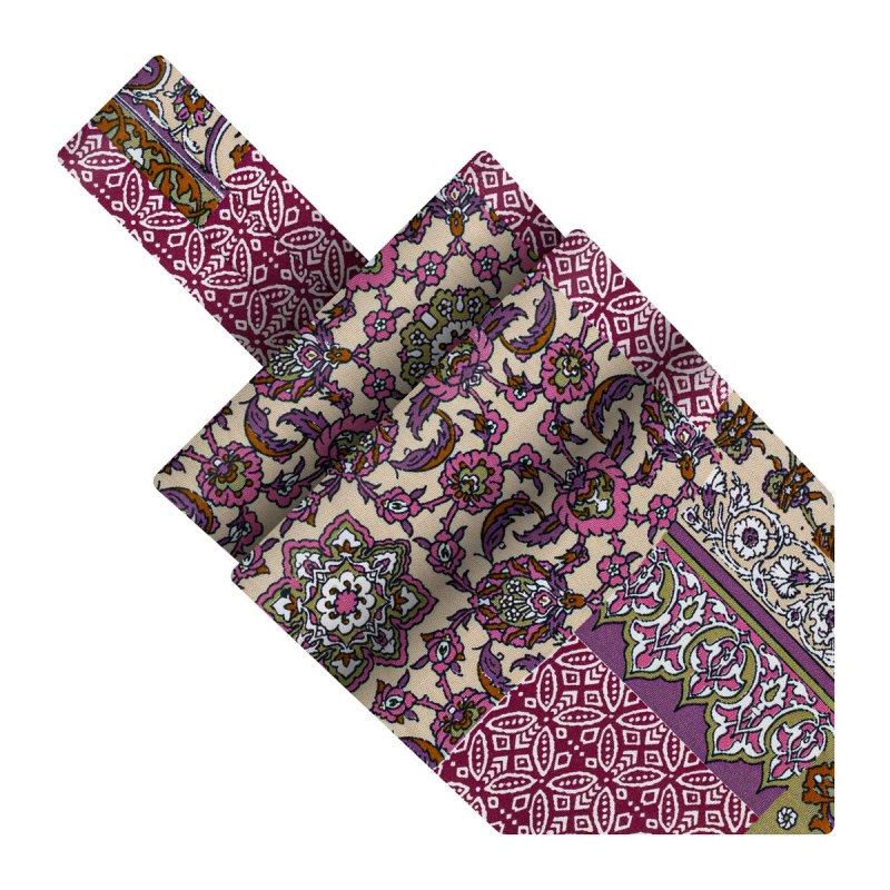 Fular bawełniany beżowy w fioletowe wzory patchwork