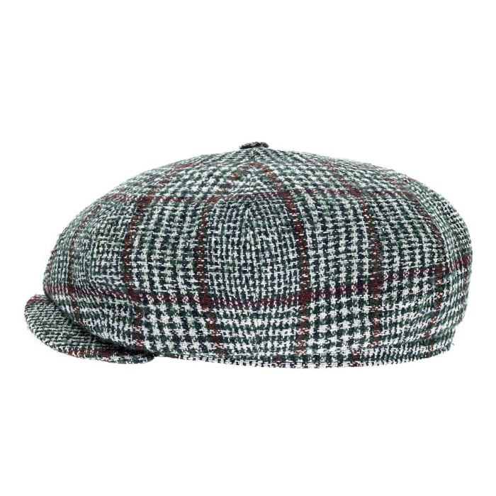 Kaszkiet wełniany w stylu Peaky Blinders - cyklistówka - kolor zielono-bordowy w kratę
