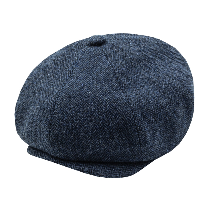 Kaszkiet wełniany w stylu Peaky Blinders - cyklistówka - kolor granatowy w jodełkę