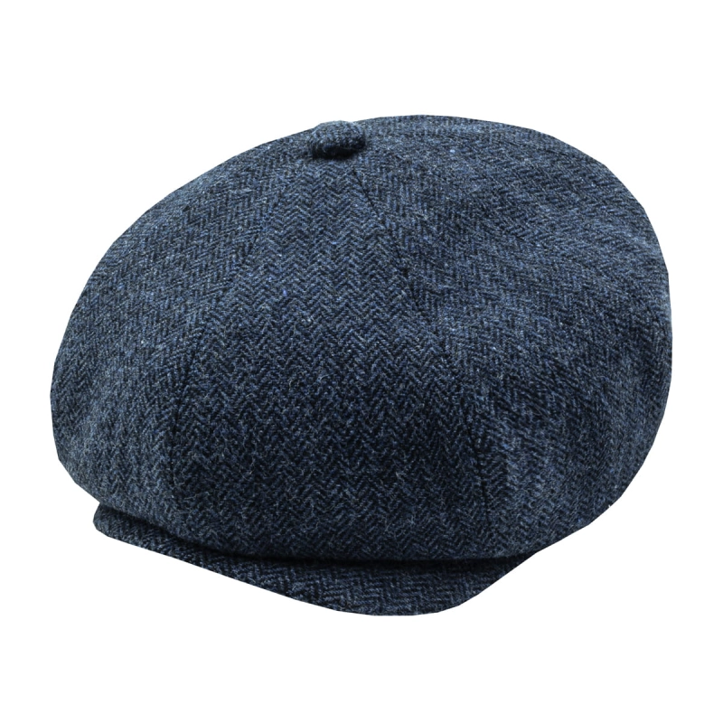 Kaszkiet wełniany w stylu Peaky Blinders - cyklistówka - kolor granatowy w jodełkę