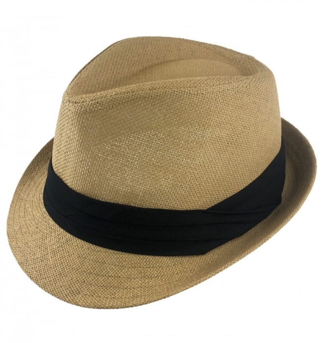 Kapelusz letni trilby brązowy z czarną taśmą / otokiem