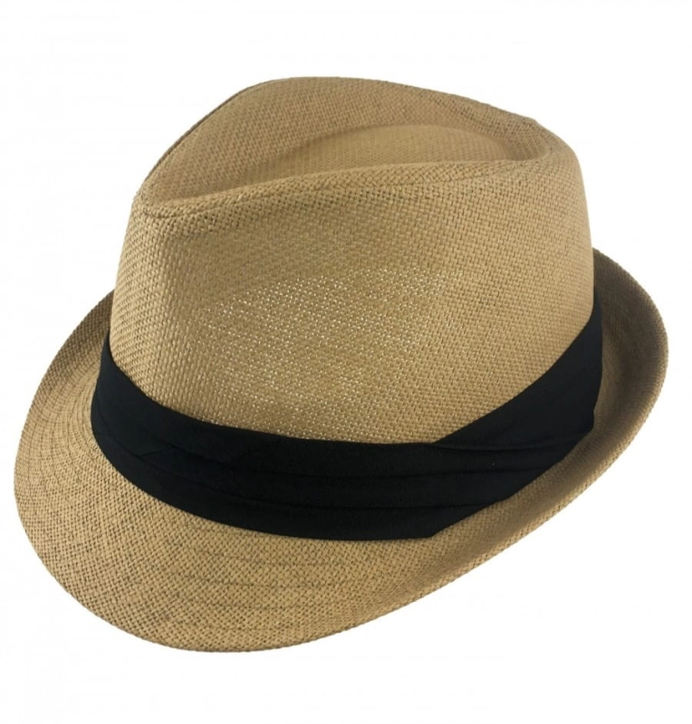 Kapelusz letni trilby brązowy z czarną taśmą / otokiem