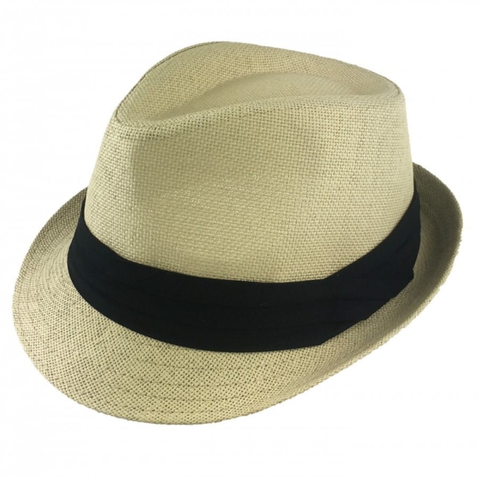 Kapelusz letni trilby beżowy czarną taśmą / otokiem