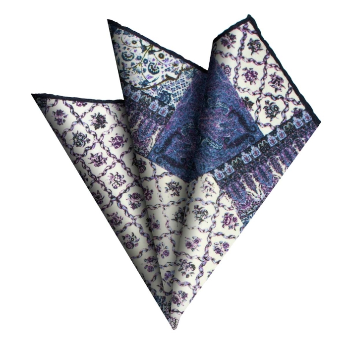 Poszetka wełniana / z wełny - fioletowo-niebieska - patchwork