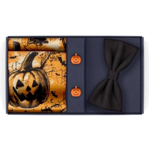 HALLOWEEN - Zestaw prezentowy: poszetka w dynie + mucha + spinki dynie