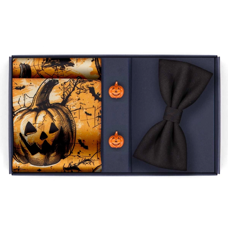 HALLOWEEN - Zestaw prezentowy: poszetka w dynie + mucha + spinki dynie