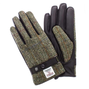 Rękawiczki wykonane ze skóry owczej i wełny Harris Tweed w kolorze khaki / brązowym w pepitkę z touch screen