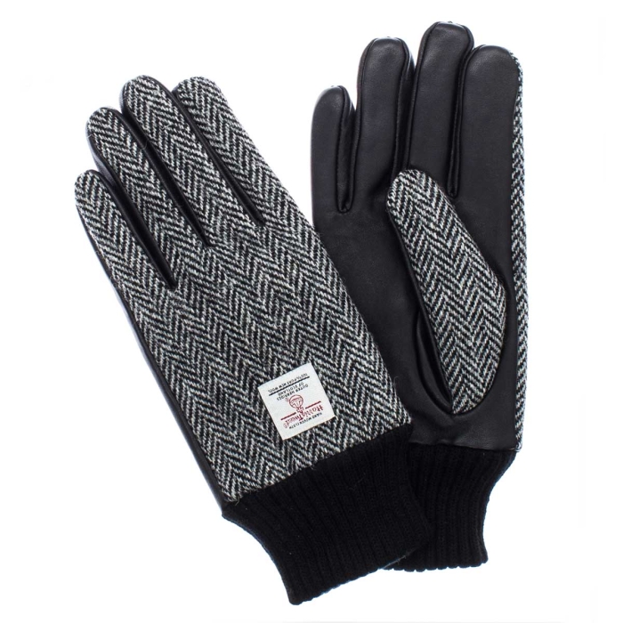 Rękawiczki wykonane ze skóry owczej i wełny Harris Tweed w kolorze czarnym w pepitkę z touch screen