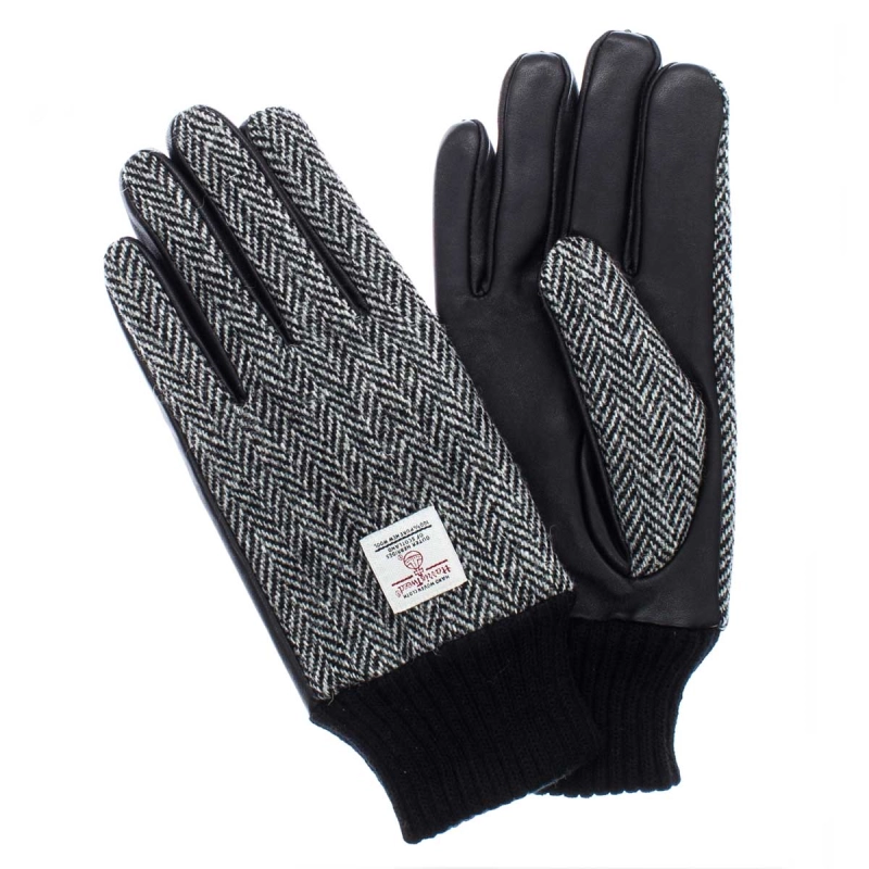 Rękawiczki wykonane ze skóry owczej i wełny Harris Tweed w kolorze czarnym w pepitkę z touch screen
