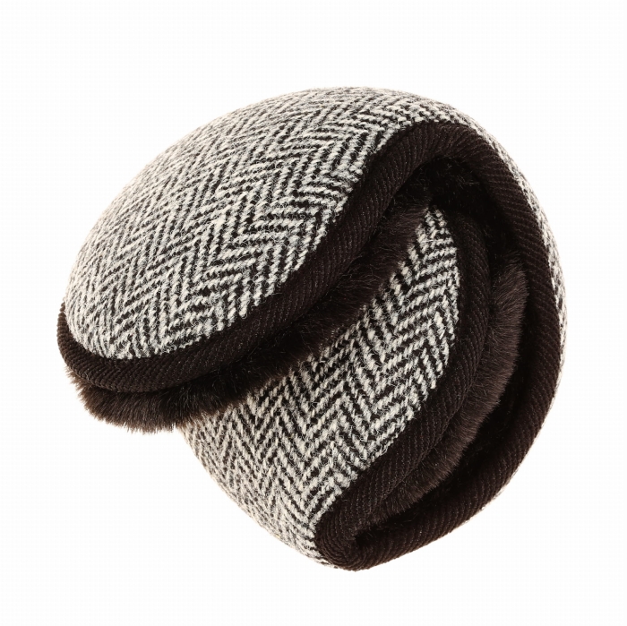Nauszniki zimowe szare / czarno - białe w pepitkę z wełny Harris Tweed z ociepleniem - składane