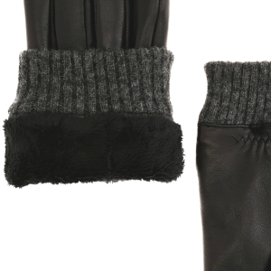 Rękawiczki skórzane eleganckie ze ściągaczem wełnianym - czarne - skóra owcza - EM PREMIUM COLLECTION