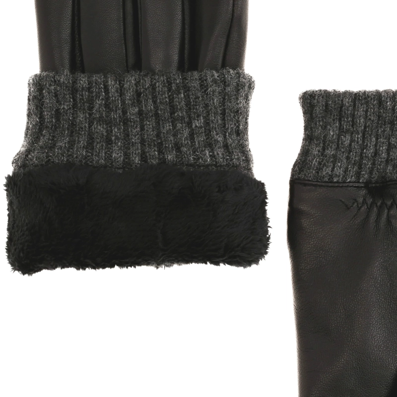 Rękawiczki skórzane eleganckie ze ściągaczem wełnianym - czarne - skóra owcza - EM PREMIUM COLLECTION