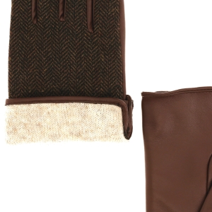 Rękawiczki skórzane eleganckie w pepitkę - brązowe - skóra owcza i wełna- EM PREMIUM COLLECTION