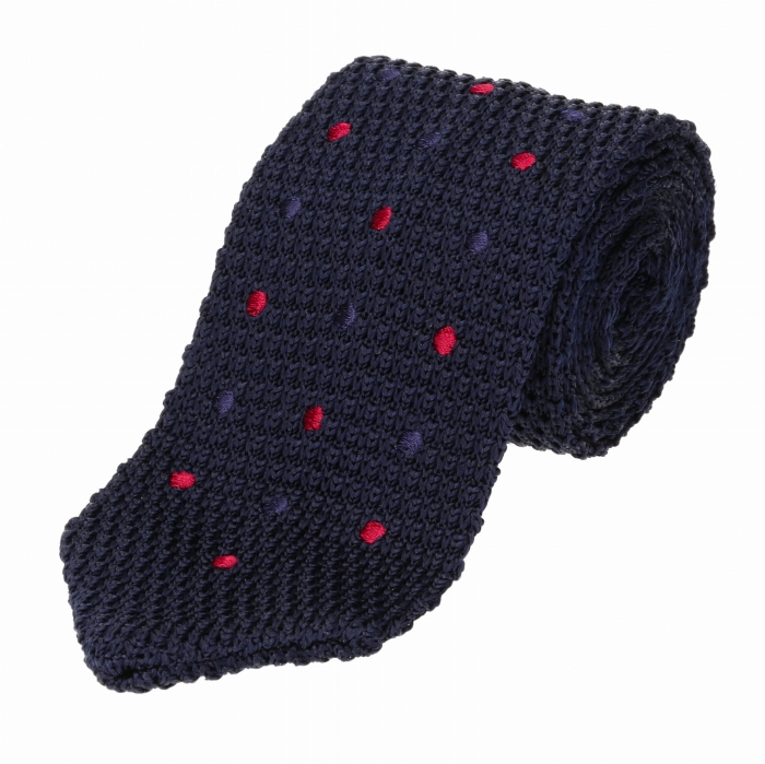 Knit jedwabny granatowy w groszki / kropki - krawat dzianinowy zakończony na trójkąt