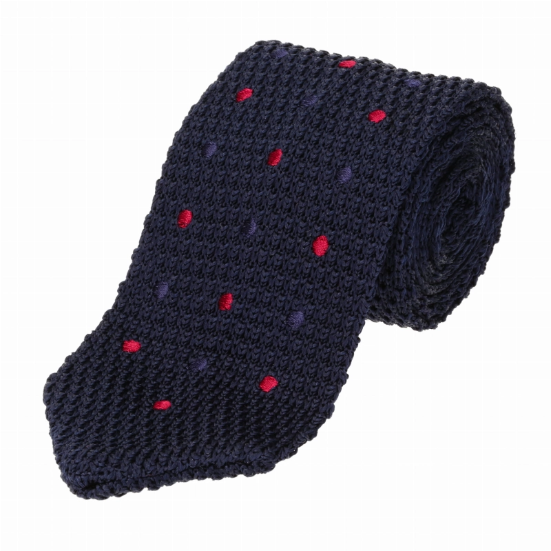 Knit jedwabny granatowy w groszki / kropki - krawat dzianinowy zakończony na trójkąt