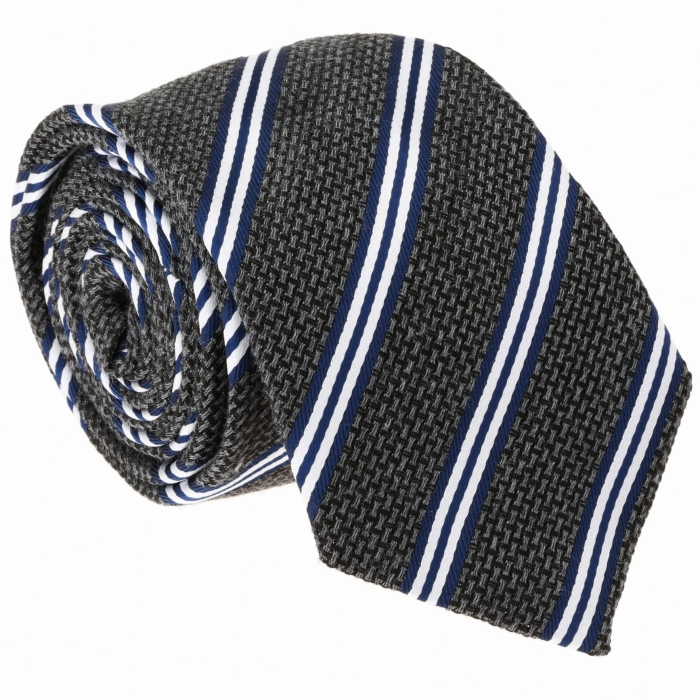 Krawat bawełniany szary w poprzeczne pasy - PREMIUM COLLECTION