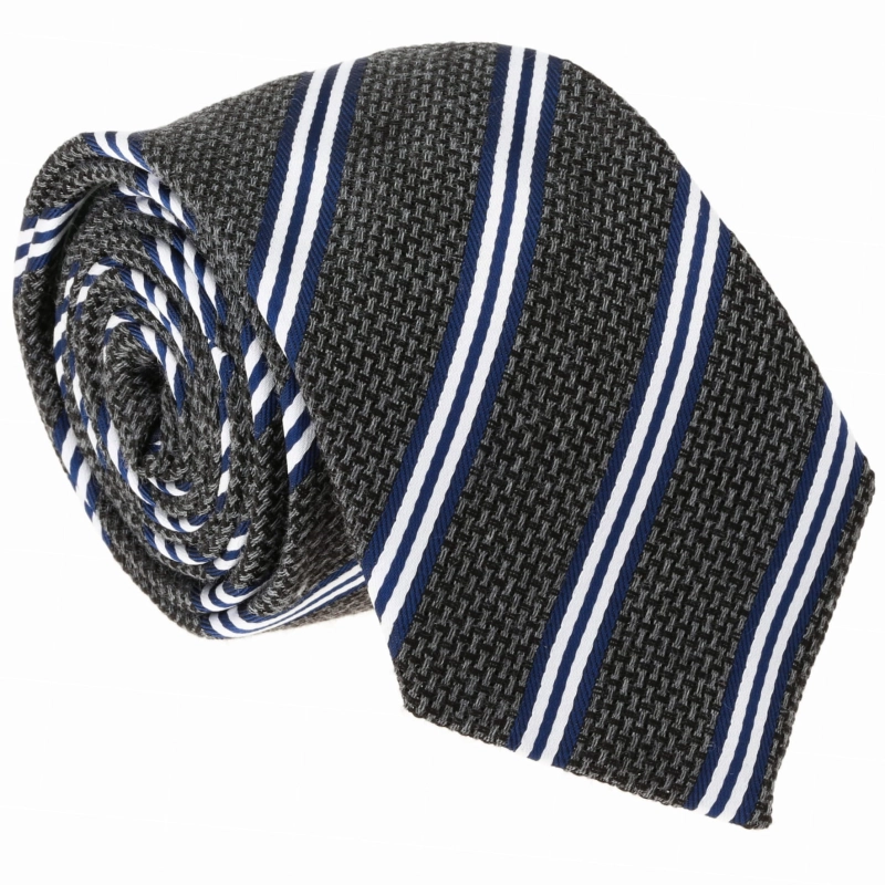 Krawat bawełniany szary w poprzeczne pasy - PREMIUM COLLECTION