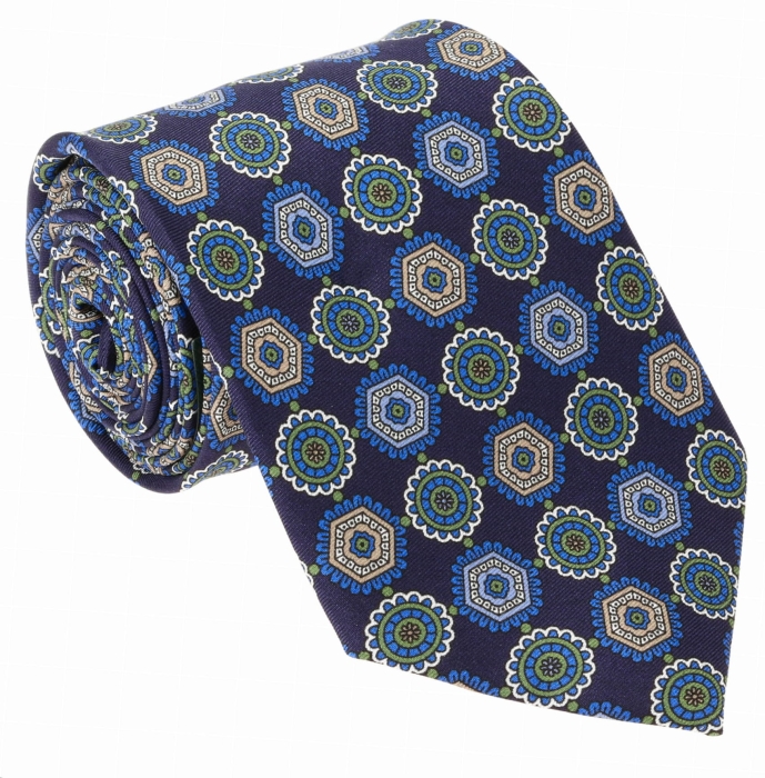 Krawat jedwabny granatowy w eleganckie wzory - niebieskie medialiony - PREMIUM