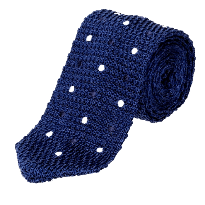 Knit jedwabny niebieski w groszki / kropki - krawat dzianinowy zakończony na trójkąt