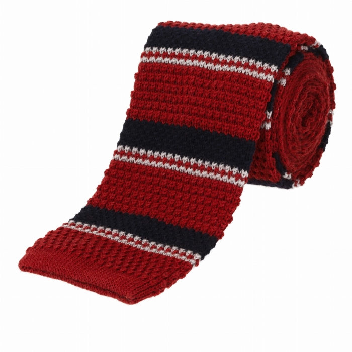 Knit wełniany czerwony w paski - krawat dzianinowy zakończony na równo