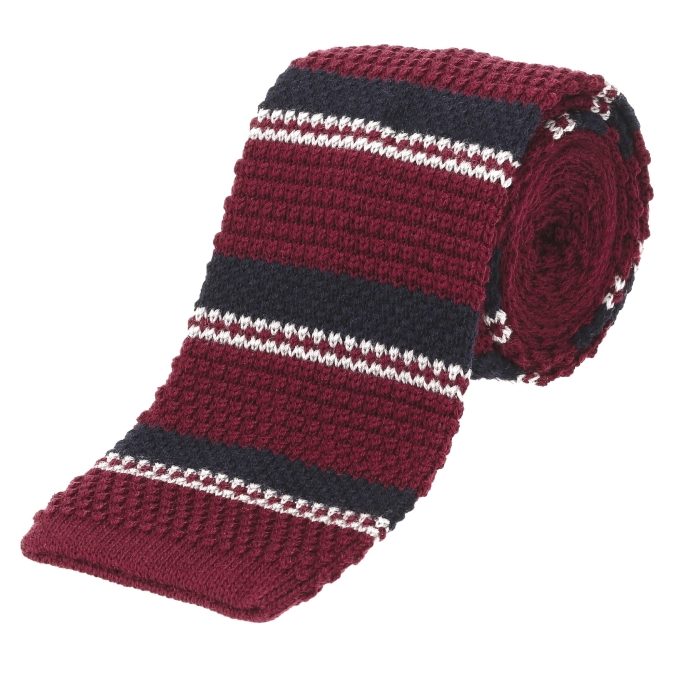 Knit wełniany bordowy w paski - krawat dzianinowy zakończony na równo