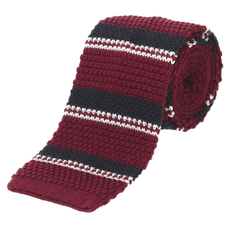 Knit wełniany bordowy w paski - krawat dzianinowy zakończony na równo