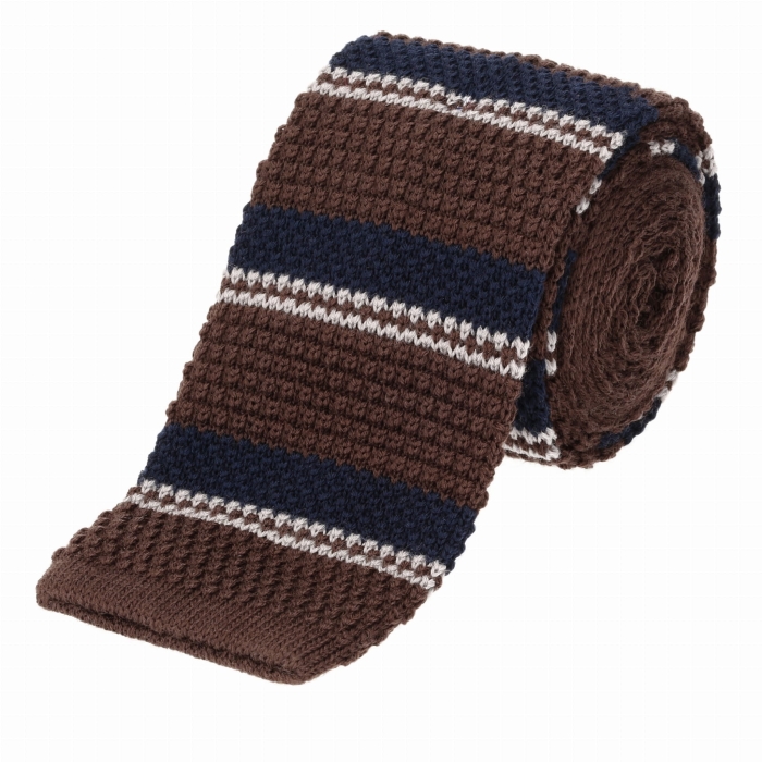 Knit wełniany brązowy w paski - krawat dzianinowy zakończony na równo