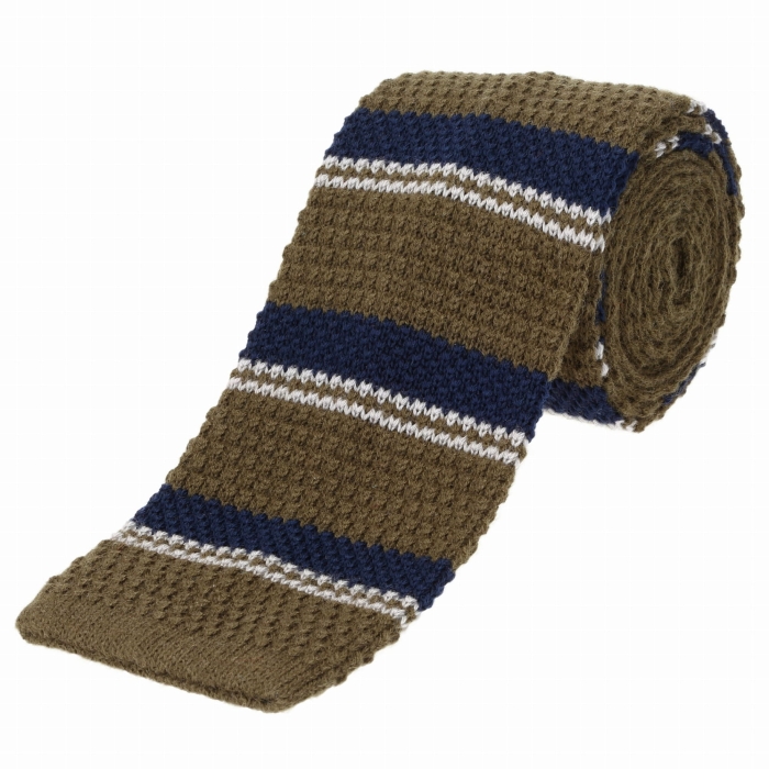 Knit wełniany zielony / khaki w paski - krawat dzianinowy zakończony na równo