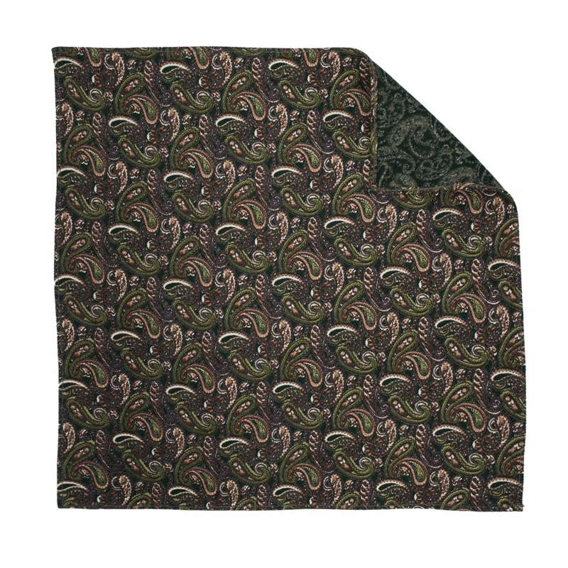 Zestaw prezentowy dla mężczyzny w kolorze zielonym / khaki w paisley: mucha + poszetka zapakowane w pudełko