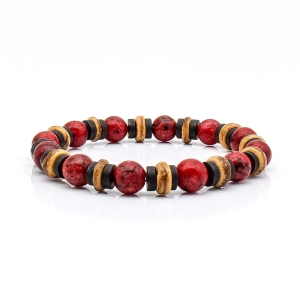 Bransoletka brązowo - czerwona- koraliki - kamienie naturalne jasper + drewno