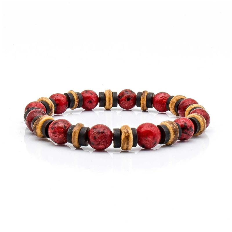 Bransoletka brązowo - czerwona- koraliki - kamienie naturalne jasper + drewno