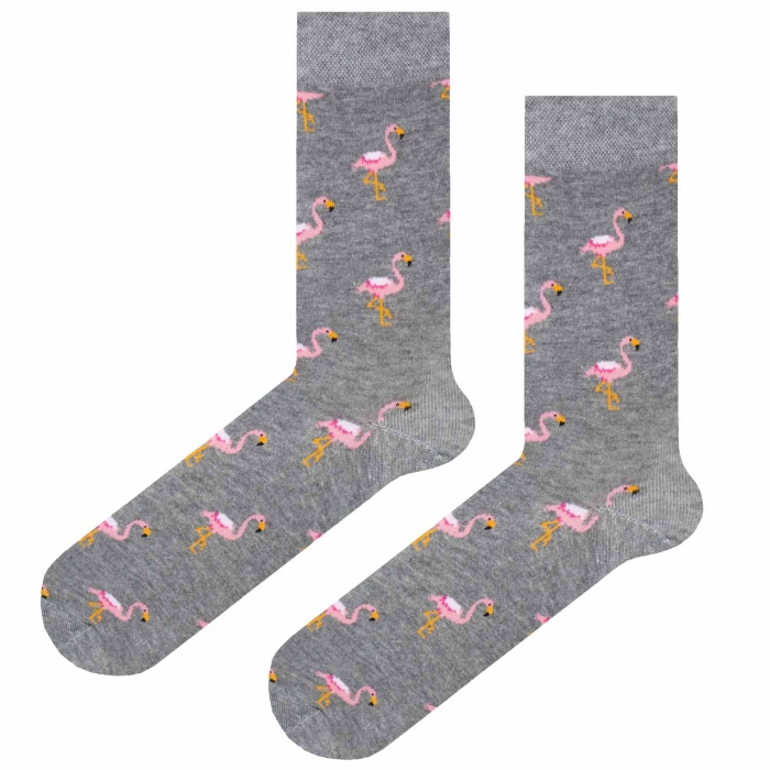 Skarpety kolorowe - szare - flamingi