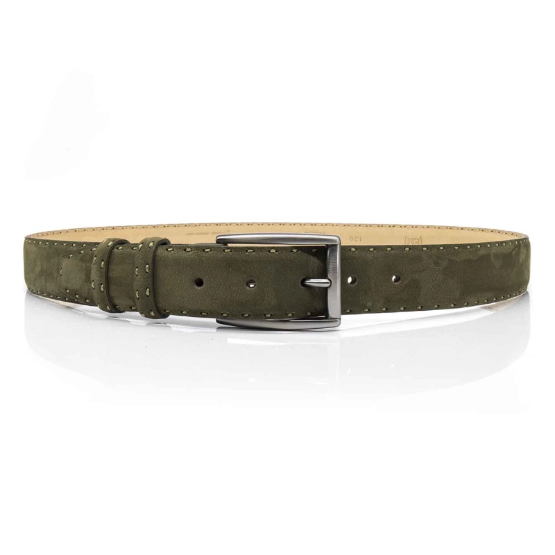 Pasek zamszowy skórzany - kolor khaki/zielony ze srebrną klamrą PREMIUM COLLECTION
