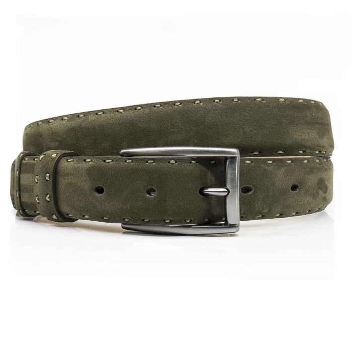 Pasek zamszowy skórzany - kolor khaki/zielony ze srebrną klamrą PREMIUM COLLECTION