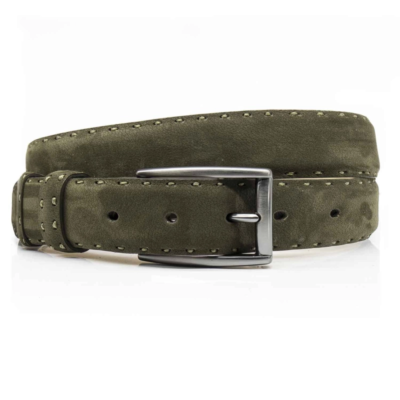 Pasek zamszowy skórzany - kolor khaki/zielony ze srebrną klamrą PREMIUM COLLECTION