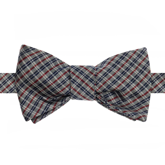Mucha do wiązania jedwabna szara w niebiesko - bordową kratę w stylu tartan EM