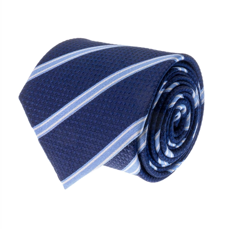 Krawat jedwabny granatowy w błękitno białe pasy PREMIUM EM