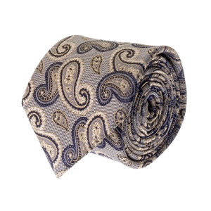 Krawat jedwabny szary z beżowym wzorem paisley PREMIUM EM