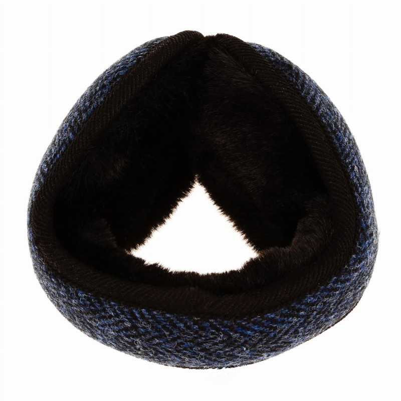 Nauszniki zimowe granatowe w pepitkę z wełny Harris Tweed z ociepleniem - składane.jpg