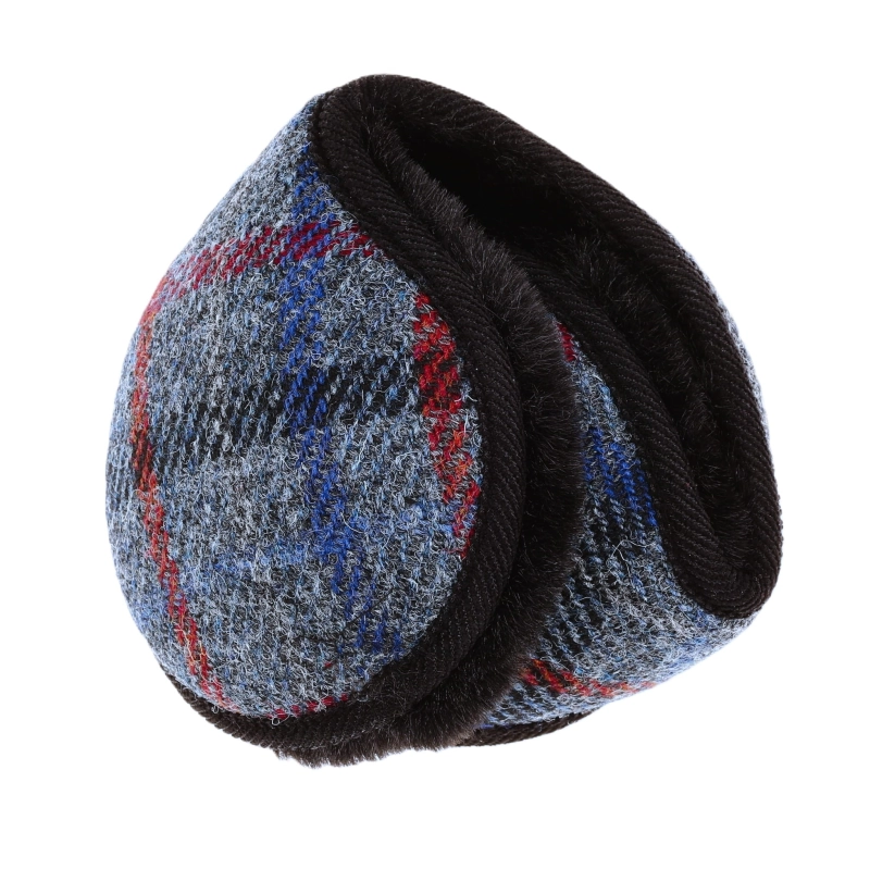 Nauszniki zimowe szaro-granatowe w kratę z wełny Harris Tweed z ociepleniem - składane