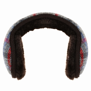 Nauszniki zimowe szaro-granatowe w kratę z wełny Harris Tweed z ociepleniem - składane