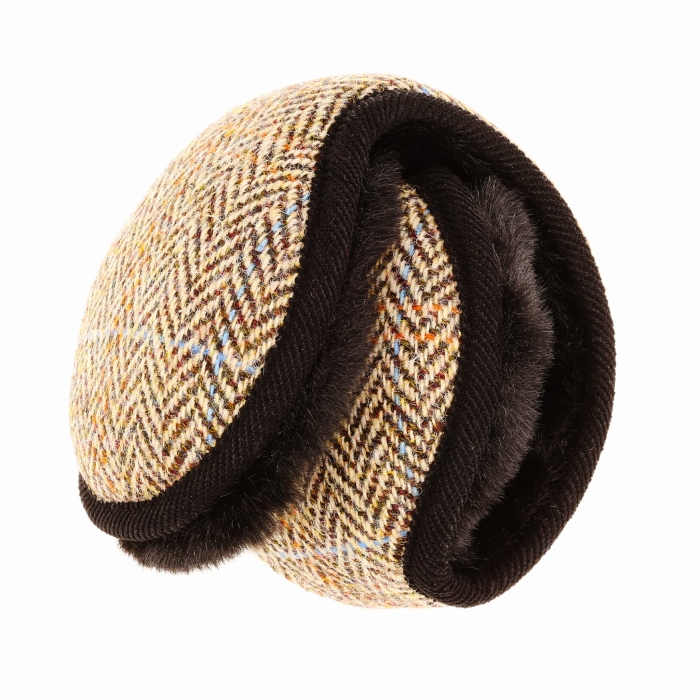 Nauszniki zimowe beżowo-brązowe w jodełkę z wełny Harris Tweed z ociepleniem - składane