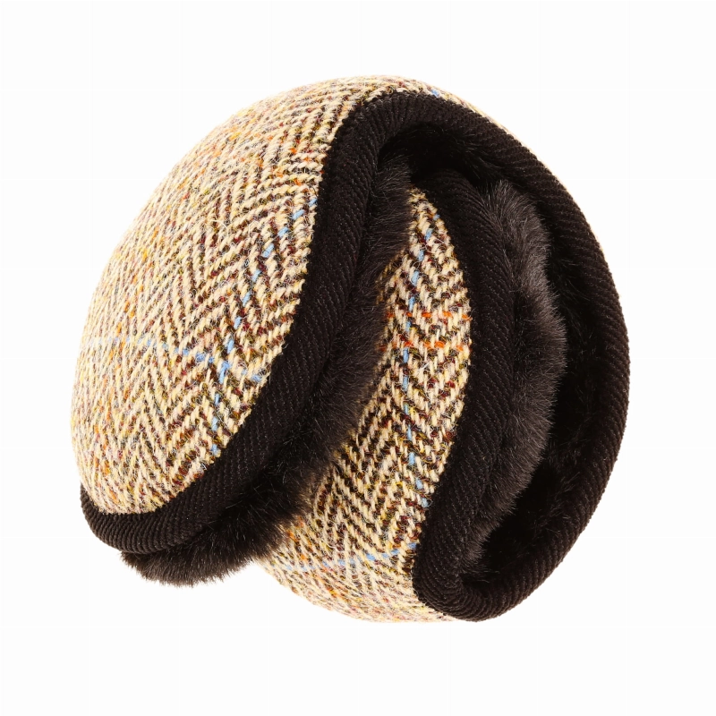 Nauszniki zimowe beżowo-brązowe w jodełkę z wełny Harris Tweed z ociepleniem - składane