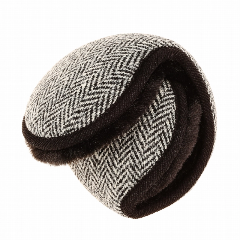 Nauszniki zimowe szare / czarno - białe w pepitkę z wełny Harris Tweed z ociepleniem - składane