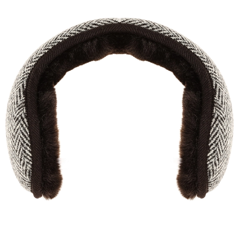 Nauszniki zimowe szare / czarno - białe w pepitkę z wełny Harris Tweed z ociepleniem - składane