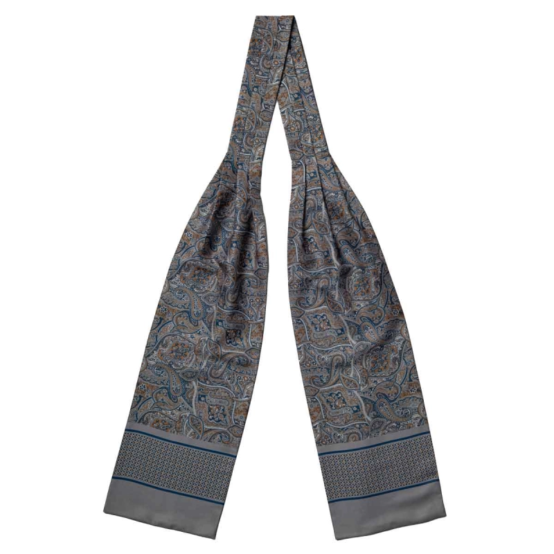 Fular - askot jedwabny szary - brązowy - niebieski elegancki w paisley / mikrowzór EM