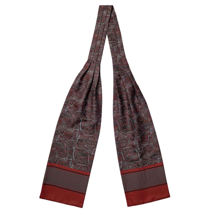 Fular - askot jedwabny bordowy - brązowy - czerwony elegancki w paisley / mikrowzór EM