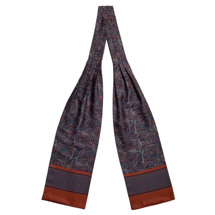 Fular - askot jedwabny granatowy - pomarańczowy - niebieski elegancki w paisley / mikrowzór EM
